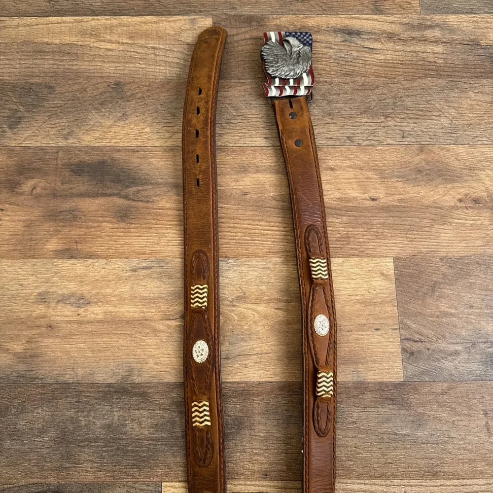 Vintage‎ Western Leather Belt Eagle American Flag Buckle Brown Mens Size 42